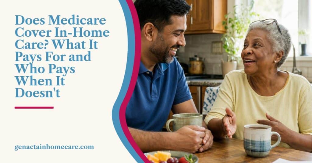 A caregiver and an older woman laugh together over tea at a sunny kitchen table at home.